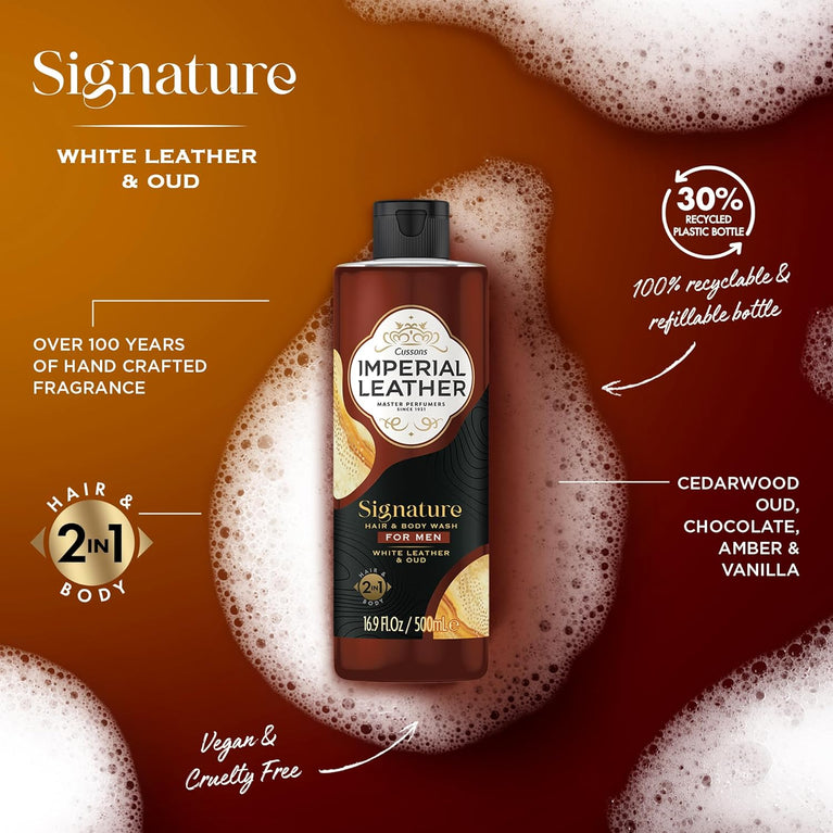 Imperial Leather Men Signature 2in1 Shower Gel, White Leather and Oud, Pack of 4 x 500 ml