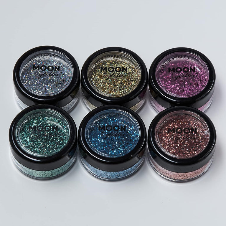 Moon Glitter's Holographic Silver Cosmetic Glitter Shakers – Perfect for Festival & Nightclub Makeup for Face, Body, Nails, Hair, Lips – 5g