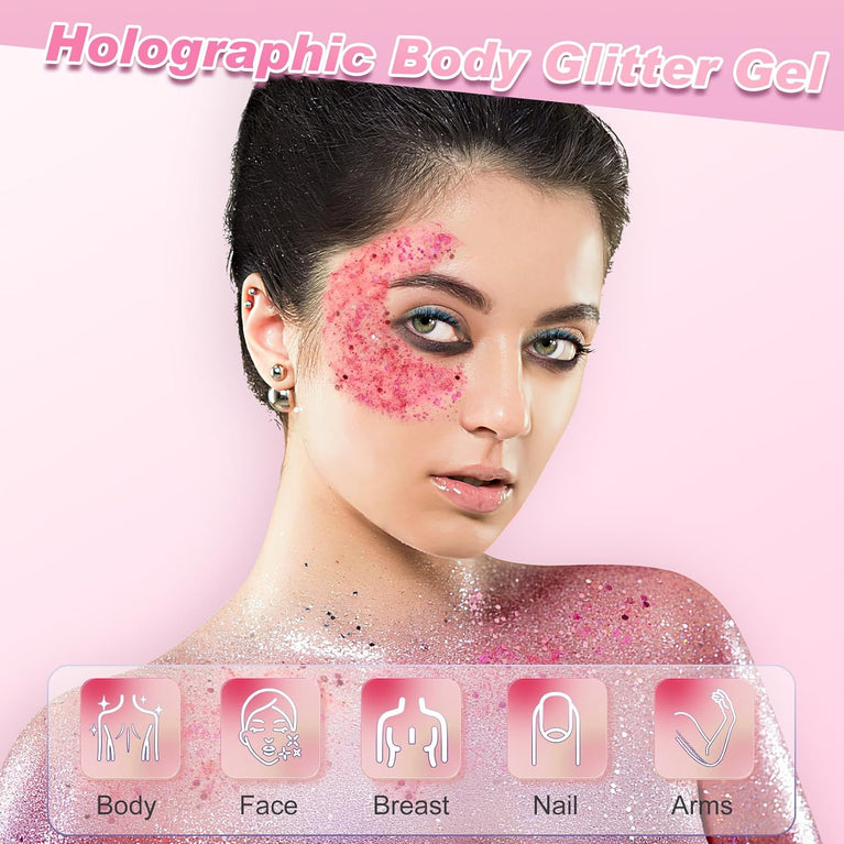 Holographic Pink Body Glitter Gel - Safe and Kid-Friendly Sparkling Lotion for Face, Hair, and Nails - Perfect for Parties, Cosplay, and DIY Art Projects - 50ml