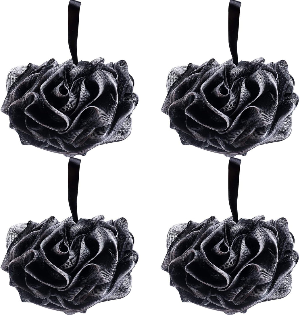 Umitive Charcoal Infused Shower Sponge Bath Poufs, 4-Piece Set of Black Mesh Loofah Body Exfoliating Brushes for Gentle and Effective Skin Cleansing