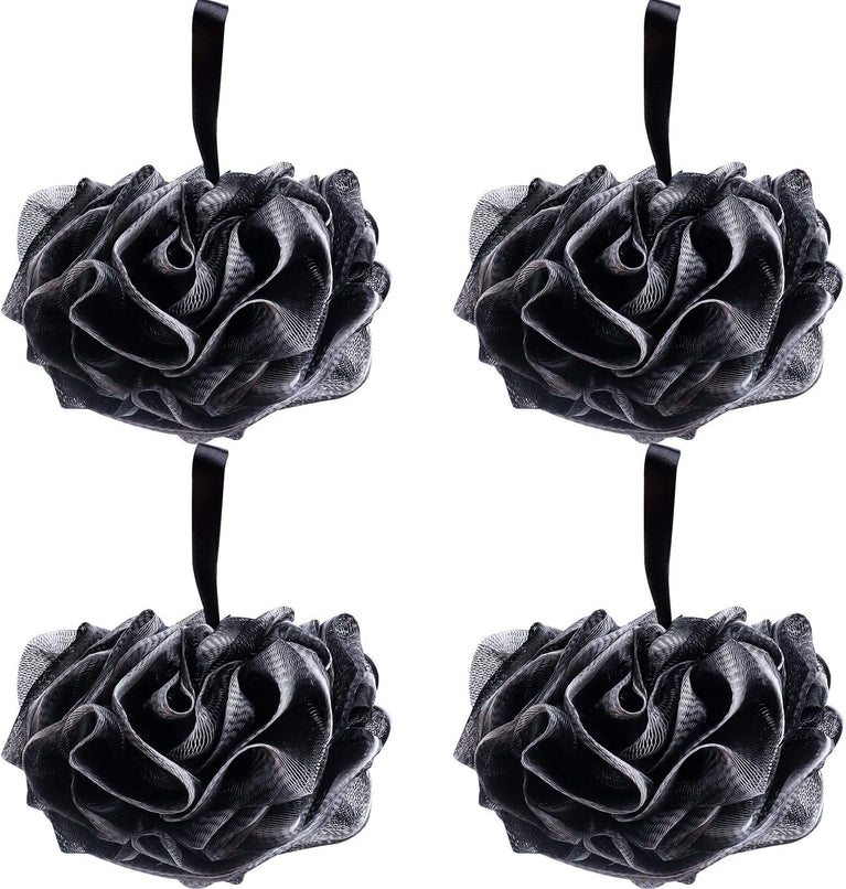 Umitive Charcoal Infused Shower Sponge Bath Poufs, 4-Piece Set of Black Mesh Loofah Body Exfoliating Brushes for Gentle and Effective Skin Cleansing