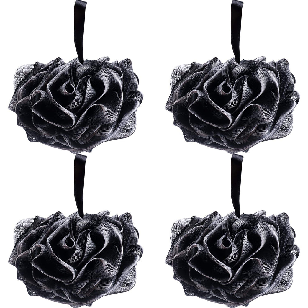 Umitive Charcoal Infused Shower Sponge Bath Poufs, 4-Piece Set of Black Mesh Loofah Body Exfoliating Brushes for Gentle and Effective Skin Cleansing