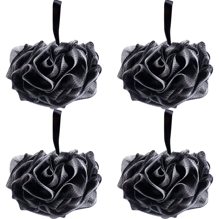 Umitive Charcoal Infused Shower Sponge Bath Poufs, 4-Piece Set of Black Mesh Loofah Body Exfoliating Brushes for Gentle and Effective Skin Cleansing