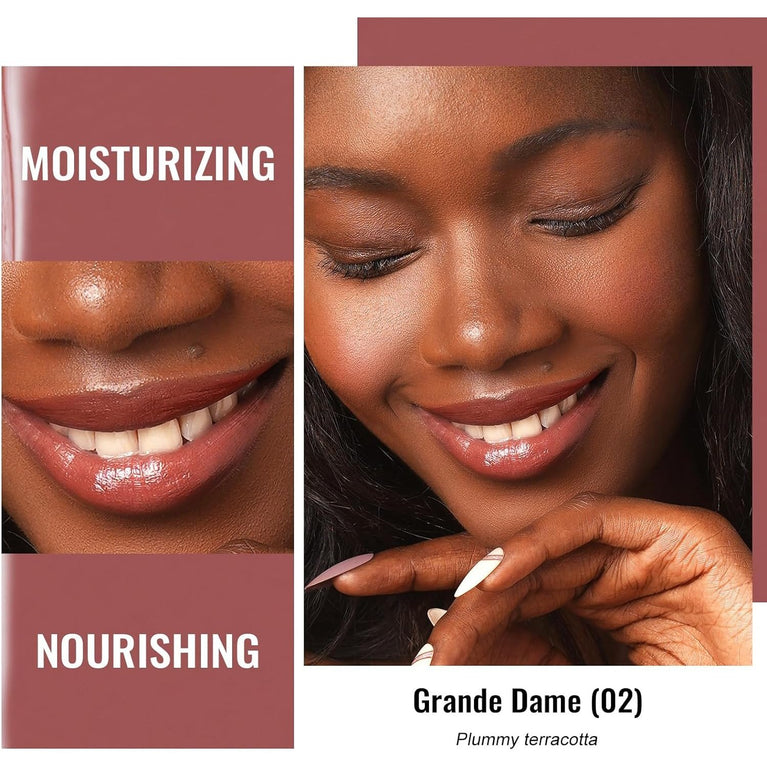 Oulac Nourishing Lip Colour with Meadowfoam Seed Oil & Shea Butter - Hydrating Lip Tint, Lip Care for Dry Lips with Glossy Finish - Vegan, PETA Approved, Grande Dame (02) | Plummy Terracotta
