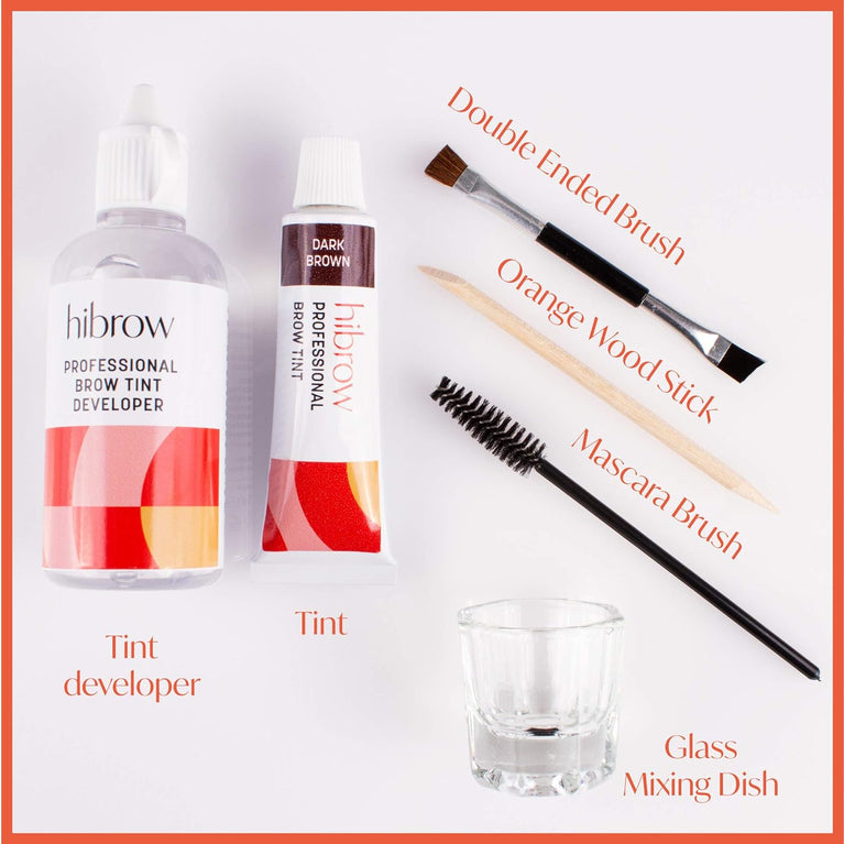 Dark Brown Eyebrow Tinting Deluxe Set by Hi Brow - Includes Professional Grade 15ml Tint, 50ml Developer, Application Brush, Mixing Dish, Mascara Wand & Wood Stick