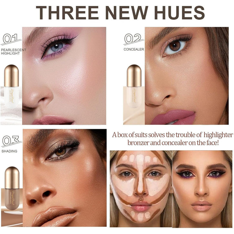Radiant Beauty Trio: Long-Lasting Liquid Contour, Natural Glow Highlighter, and Brightening Concealer Set