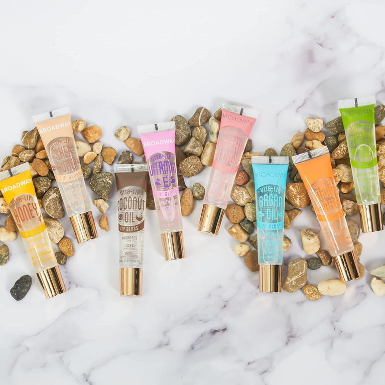 5-Piece Broadway Vita-Lip Clear Lip Gloss Set – Mint, Coconut, Rosehip, Mango Butter, Argan Oil - 0.47oz/14ml each with Abis BookSafety Seal