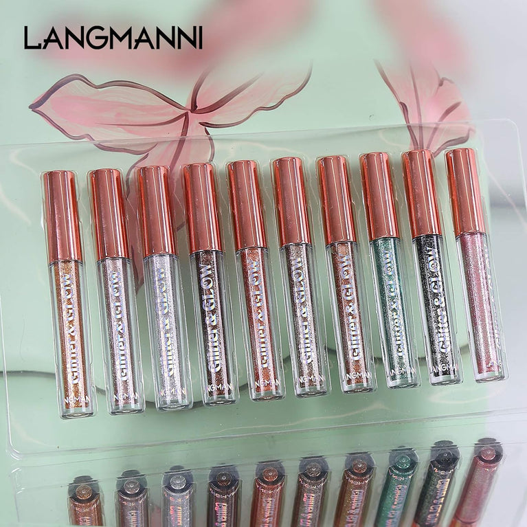 Highly Pigmented 10 Shades Liquid Glitter Eyeshadow Set - Matte & Metallic, Sweatproof, Long-Lasting for Daring & Bold Eye Looks (10pcs)