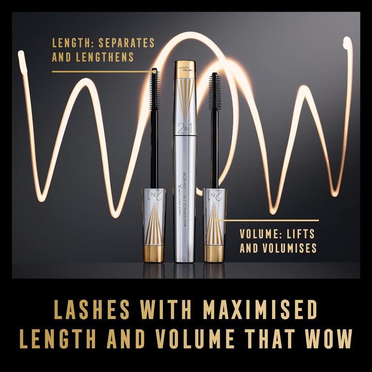 Max Factor Masterpiece 2-in-1 Lengthening and Volumising WOW Mascara, 001 Black, Long-Lasting and Vegan, 7.0 ml