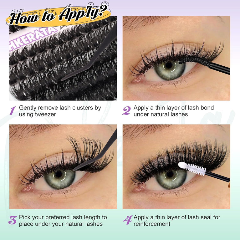 PHKERATA Premium DIY Eyelash Extension Kit with 185Pcs 8-16MM D Curl Cluster Lashes, Lash Glue Bond, Seal, and Lash Tweezers for Natural and Dramatic Looks (0.07D,8-16MM)
