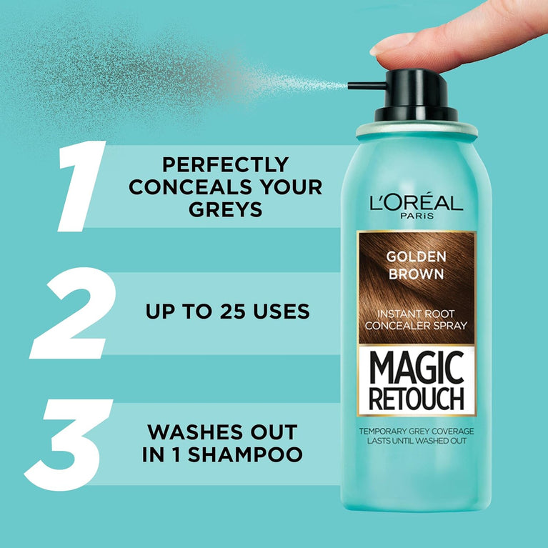 L'Oréal Magic Retouch Instant Root Concealer Spray, Ideal for Touching Up Grey Root Regrowth, 75 ml, Colour: Golden Brown