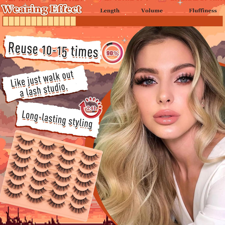 Goddvenus Premium Cat Eye False Eyelashes - 5D Russian Strip Lashes, Natural Look, Fluffy Fake Lashes, 14 Pairs CC Curl Wispy Eyelash Set, Durable Cotton Band - For Everyday Glamour
