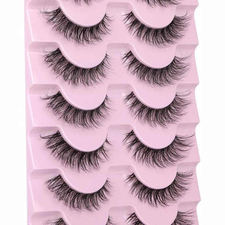 JIMIRE 3D Faux Mink Eyelashes with Transparent Band - Cat Eye Style, 15MM Medium Length, D Curl, 7 Pairs Pack - Natural Look & Fluffy Lashes for High-End Makeup Look