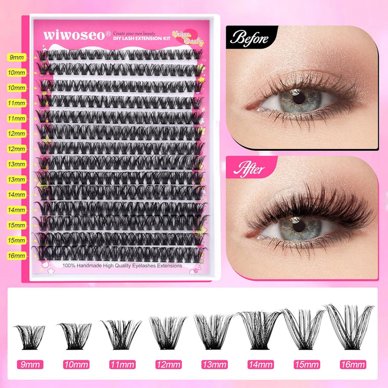Wiwoseo Home Eyelash Extension Kit with Natural Russian Cluster Lashes, Bond & Seal Glue, and Tweezer – DIY Individual Lash Kit for Easy Self-Application (50pc 9-16MM)