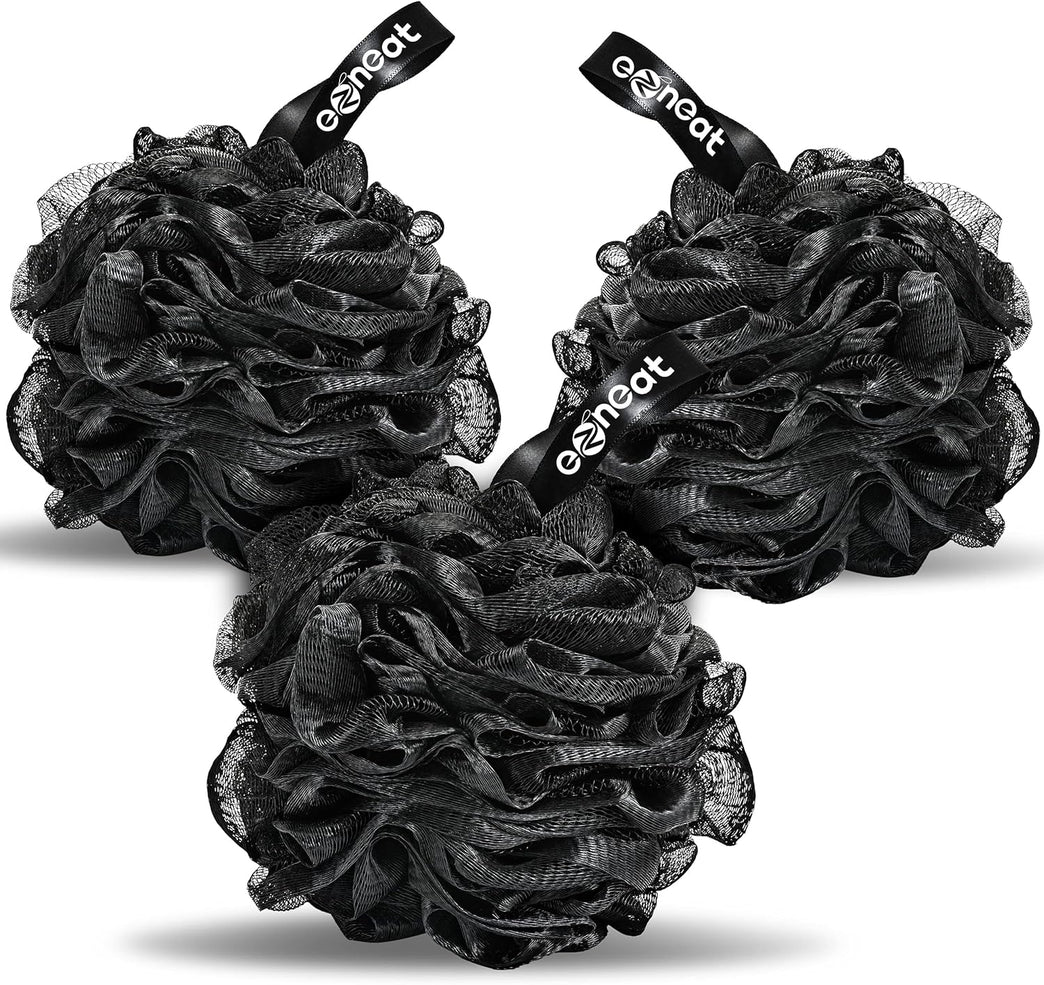 Exfoliating Loofah Shower Puff 3Pcs - Premium Bamboo Charcoal Bath Sponges for Skin Cleansing and Scrubbing - Black
