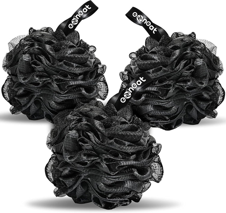 Exfoliating Loofah Shower Puff 3Pcs - Premium Bamboo Charcoal Bath Sponges for Skin Cleansing and Scrubbing - Black