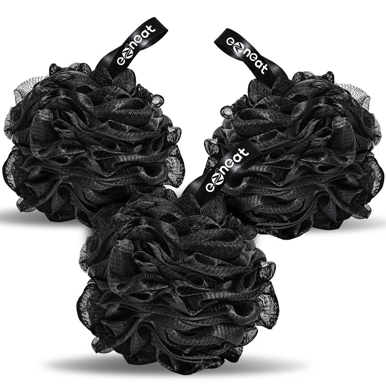 Exfoliating Loofah Shower Puff 3Pcs - Premium Bamboo Charcoal Bath Sponges for Skin Cleansing and Scrubbing - Black