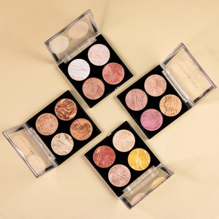 Makeup Revolution 4-Shade Shimmer Cheek Kit: Bronzer & Highlighter Palette, PETA-Certified, 8.8g