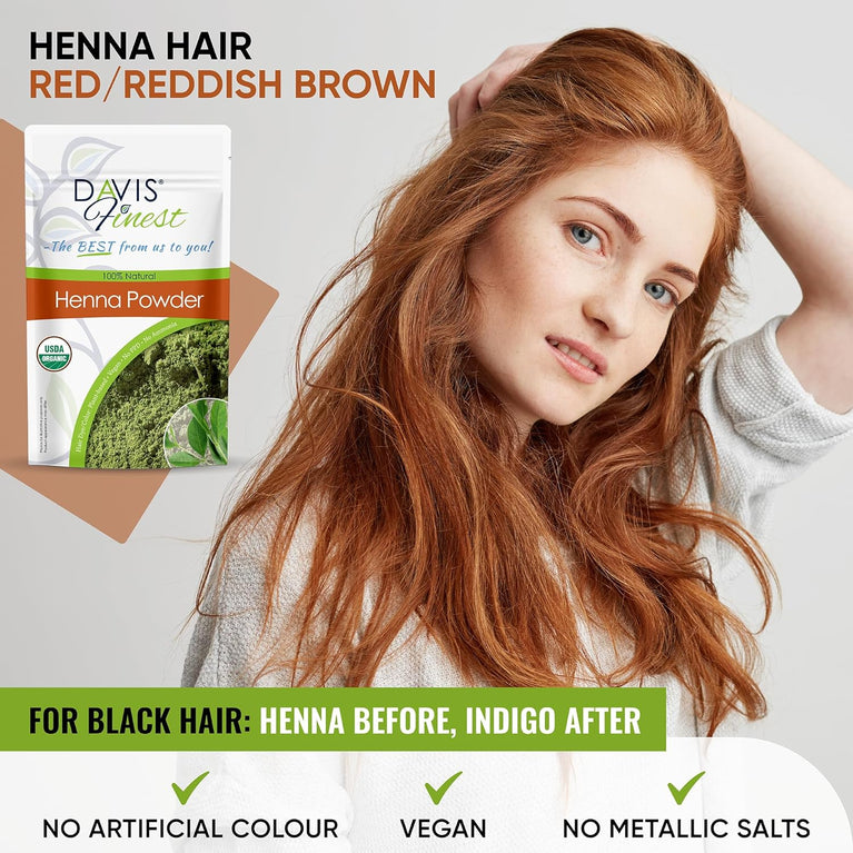 Davis Finest Organic Henna & Indigo 200g - 100g Pure Organic Henna +100g Organic Indigo Powder, Natural Hair Colour/Beard Dye PPD-Free