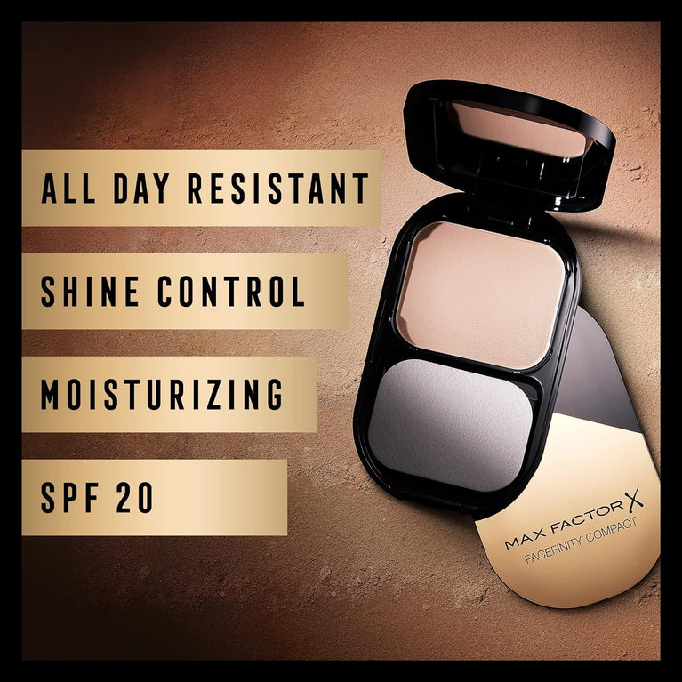 MAX FACTOR Facefinity All-Day Shine-Control Compact Foundation with SPF 20 - 003 Natural Rose, Vegan Formula, 10g
