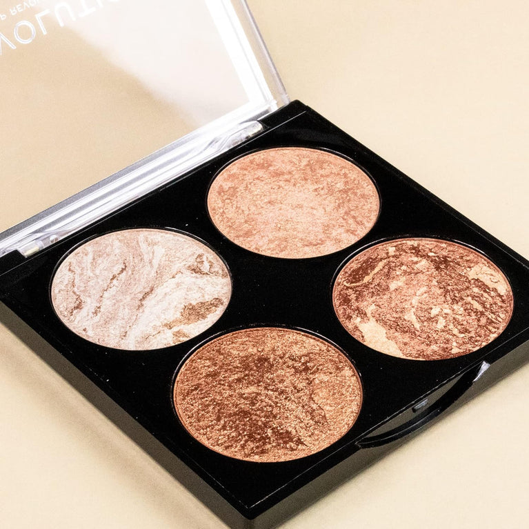 Makeup Revolution 4-Shade Shimmer Cheek Kit: Bronzer & Highlighter Palette, PETA-Certified, 8.8g