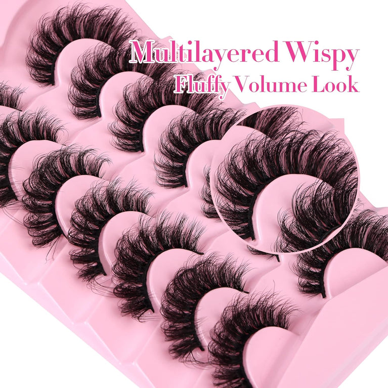 JIMIRE 20MM Long Dramatic D Curl Faux Mink Eyelashes - 7 Pair Pack of Full Volume, Wispy, Fluffy False Lashes with Cat Eye Effect, Resembles High-End Salon Extensions