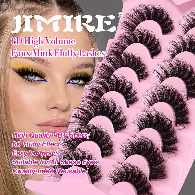 JIMIRE 20MM Long Dramatic D Curl Faux Mink Eyelashes - 7 Pair Pack of Full Volume, Wispy, Fluffy False Lashes with Cat Eye Effect, Resembles High-End Salon Extensions