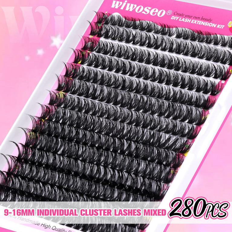 Wiwoseo Home Eyelash Extension Kit with Natural Russian Cluster Lashes, Bond & Seal Glue, and Tweezer – DIY Individual Lash Kit for Easy Self-Application (50pc 9-16MM)