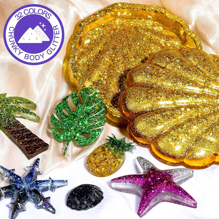 FANDAMEI 32-Color Holographic Chunky Glitter Set for Body, Face, Hair, Nails and Crafts - Non-toxic and Harmless Sparkle Decoration for Festivals, Parties, and DIY Resin Projects