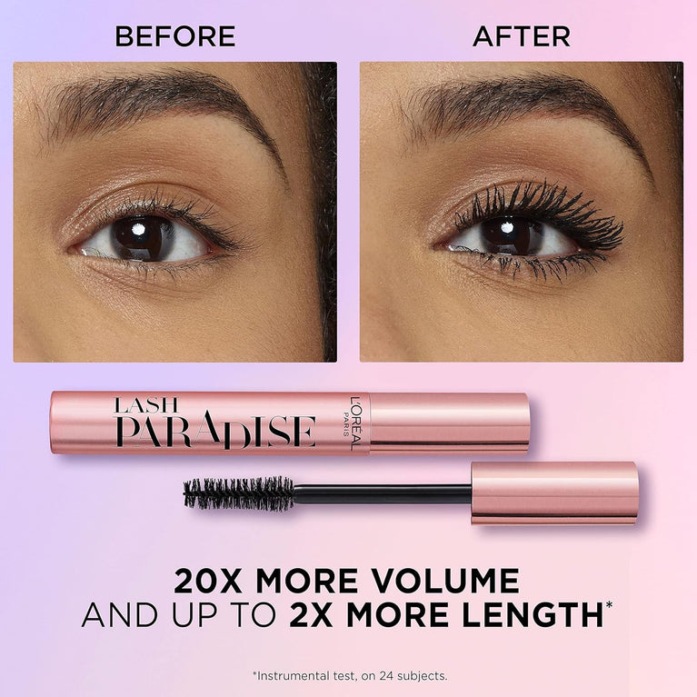 L'Oréal Paris Lash Paradise Intense Volume and Length Mascara, Infused with Nourishing Castor and Rose Oils, Suitable for Sensitive Eyes, Soft Fibre Brush for Flake-Free Application, Spectacular Black
