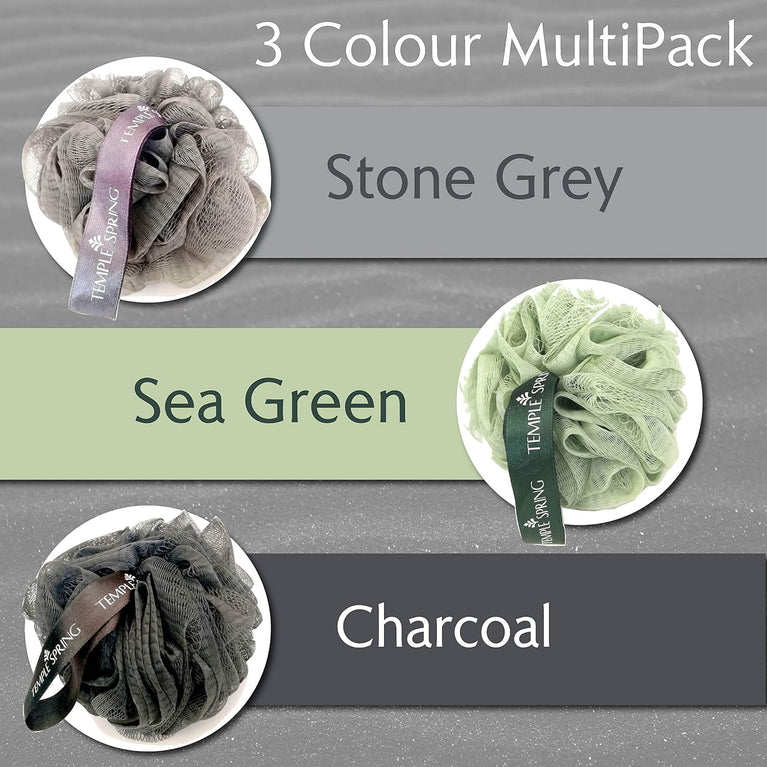 Eco-Friendly Shower Loofahs - Set of 3 Recycled Shower Poufs for Gentle Exfoliation and Rich Lather - Sea Green