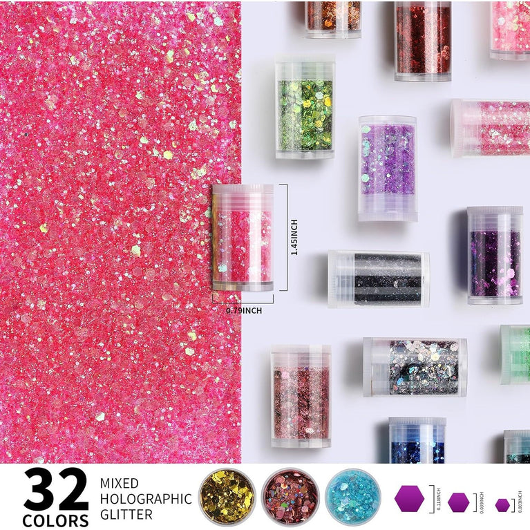 FANDAMEI 32-Color Holographic Chunky Glitter Set for Body, Face, Hair, Nails and Crafts - Non-toxic and Harmless Sparkle Decoration for Festivals, Parties, and DIY Resin Projects