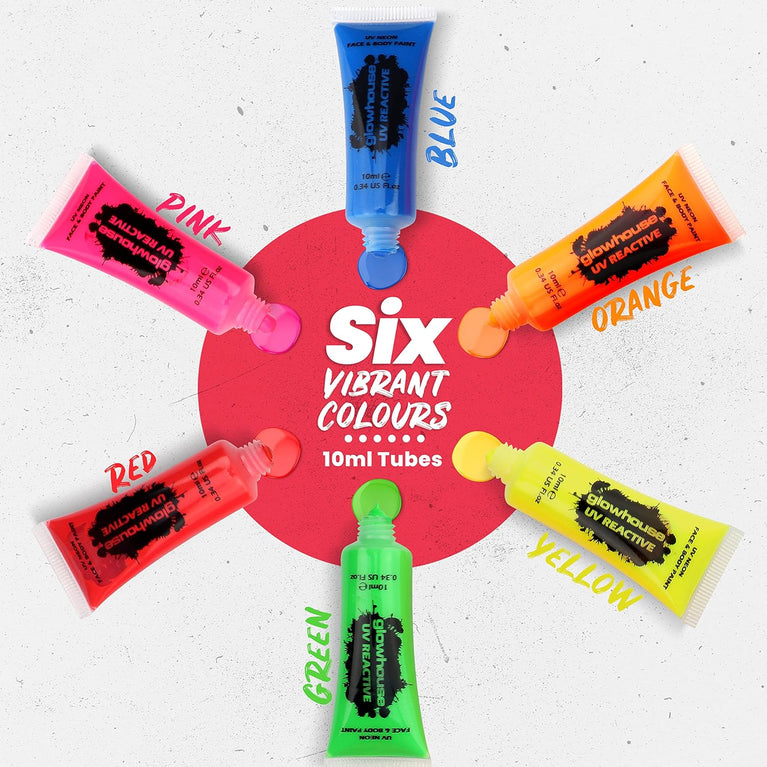 Ultra Bright UV Reactive Neon Face and Body Paint Set by The Glowhouse (6 Pack) - Perfect for Festivals and Glow Parties