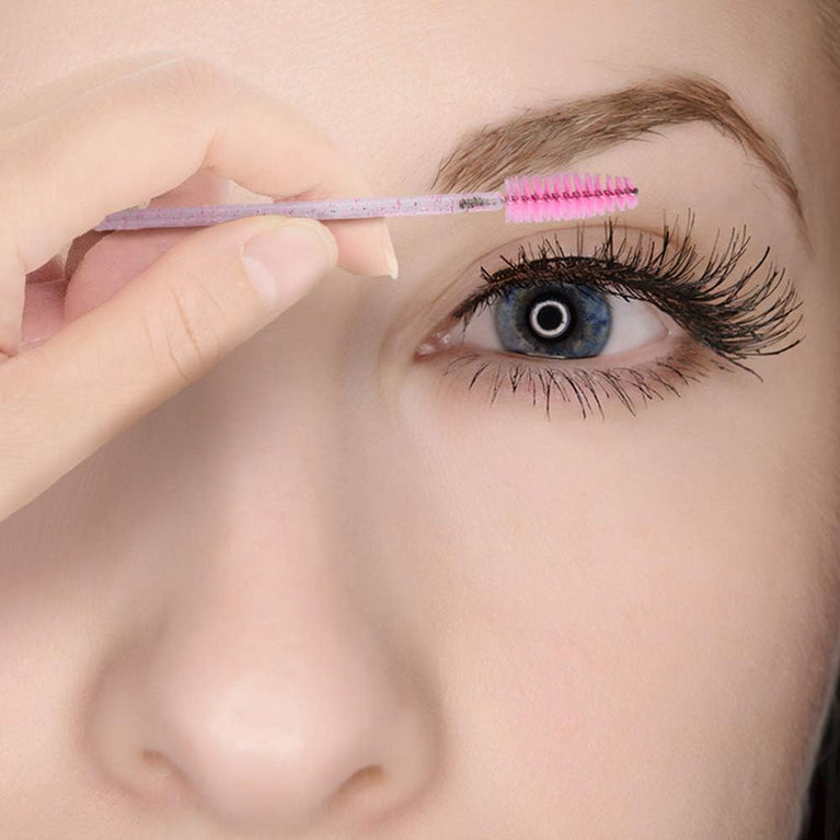 100PCS Glitter Pink Disposable Eyelash Mascara and Lip Brushes Set - 50PCS Eyelash Spoolies and 50PCS Lip Wands for Eyelash Extensions