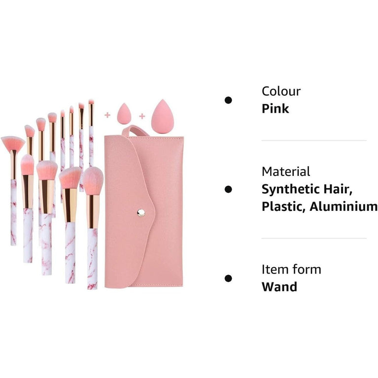 Pink Marble Makeup Brush Set with Blender and Travel Bag - 12Pcs Professional Beauty Kit