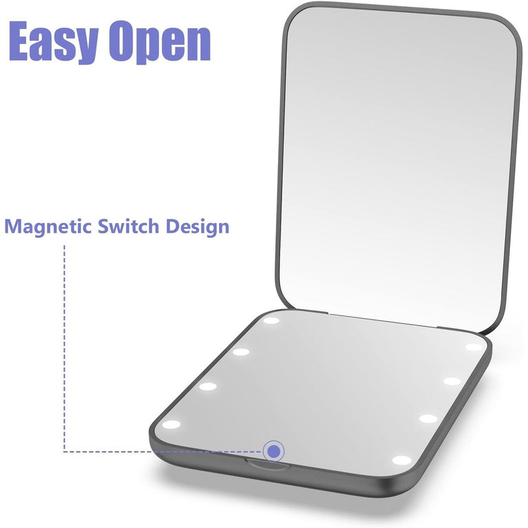 LED Lighted Compact Makeup Mirror with Magnetic Switch - Portable Handheld Pocket Mirror