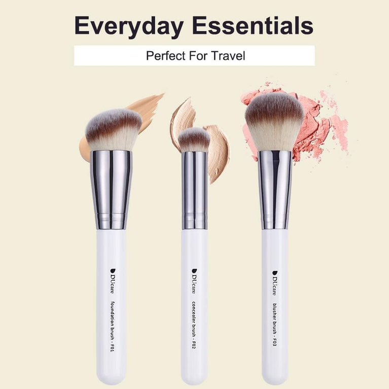 3-Piece Makeup Brush Set – White – Powder, Concealer and Blush Brushes, Vegan