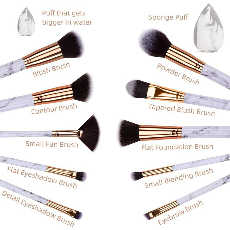 Marble Makeup Brush Set with Cosmetics Bag and Sponge Puff