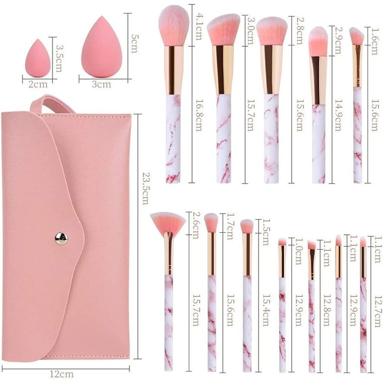 Pink Marble Makeup Brush Set with Blender and Travel Bag - 12Pcs Professional Beauty Kit