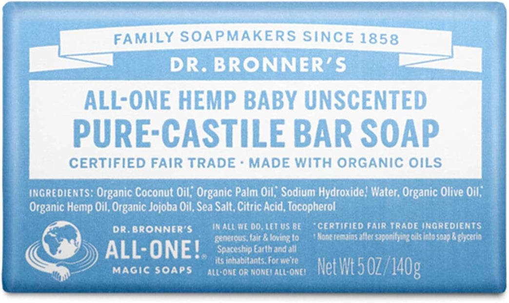 Dr Bronner's 3-in-1 Baby Unscented Pure-Castile Bar Soap, Made with Organic Oils with No Synthetic Fragrances, Used for Face, Body and Hair, Certified Fair Trade & Vegan Friendly, 140g Bar