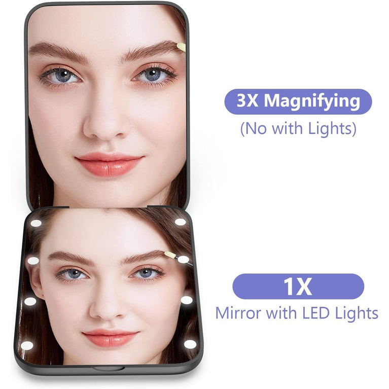 LED Lighted Compact Makeup Mirror with Magnetic Switch - Portable Handheld Pocket Mirror