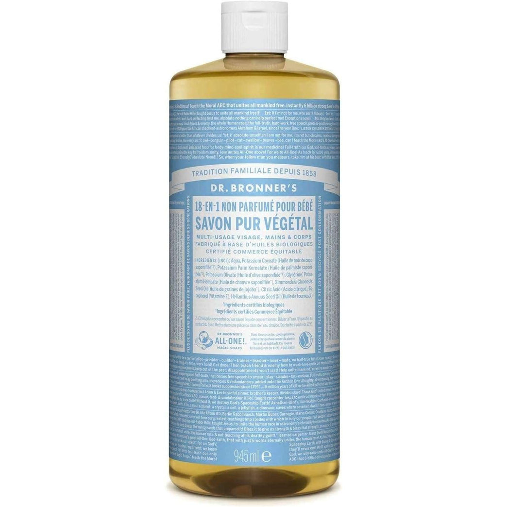 Dr Bronner's 18-in-1 Baby Unscented Pure Castile Liquid Soap, Made with Organic Oils, Used for Face, Hair, Babies, Laundry and Dishes, Certified Fair Trade & Vegan Friendly, 473ml Recyled Bottle