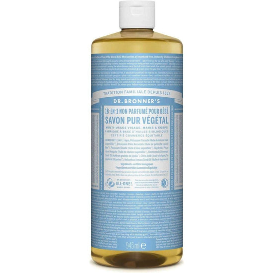 Dr Bronner's 18-in-1 Baby Unscented Pure Castile Liquid Soap, Made with Organic Oils, Used for Face, Hair, Babies, Laundry and Dishes, Certified Fair Trade & Vegan Friendly, 473ml Recyled Bottle