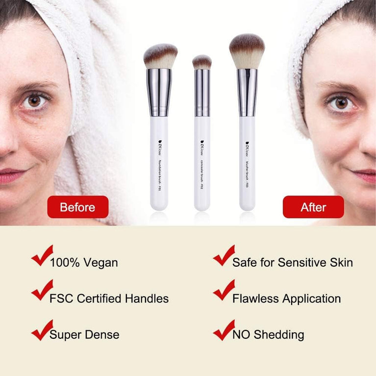 3-Piece Makeup Brush Set – White – Powder, Concealer and Blush Brushes, Vegan