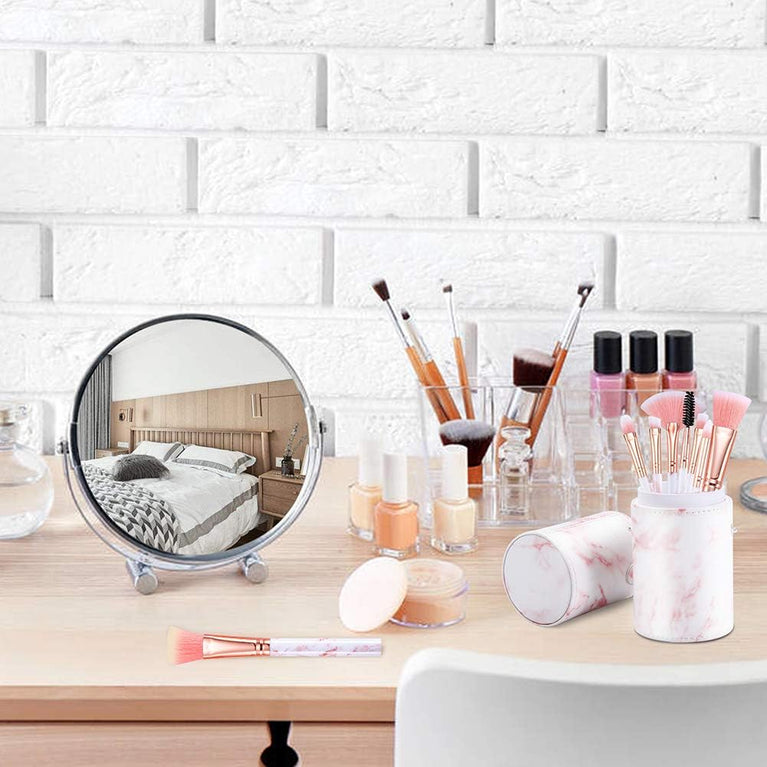 Marble Pattern Makeup Brushes Set with Travel Holder - 16PCS Pink Glamour Gaze Brush Set with Silicone Mask Brush