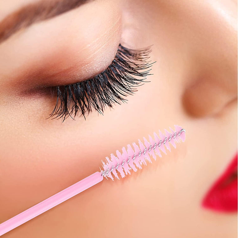 100PCS Glitter Pink Disposable Eyelash Mascara and Lip Brushes Set - 50PCS Eyelash Spoolies and 50PCS Lip Wands for Eyelash Extensions