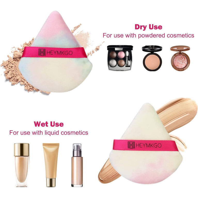Makeup Powder Puffs, 4 Pack - Triangular, Washable Sponge with Strap for Wet or Dry Cosmetics