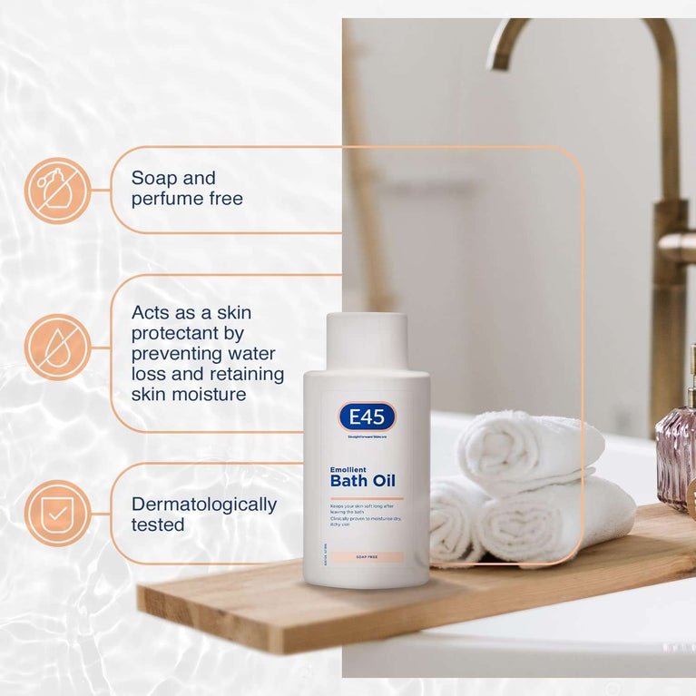 E45 Bath Oil 500 ml – E45 Bath Oil Emollient to Moisturise & Hydrate Dry Skin – Gently Cleanses for Soft Skin – Soap Free & Perfume Free Emollient Bath & Shower Oil Body Wash - Dermatologically Tested