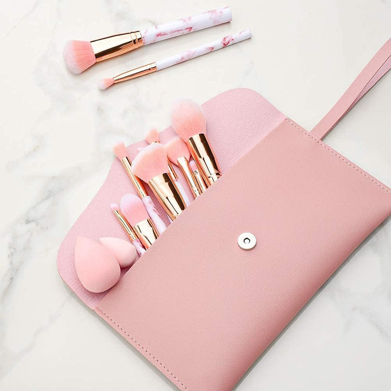 Pink Marble Makeup Brush Set with Blender and Travel Bag - 12Pcs Professional Beauty Kit