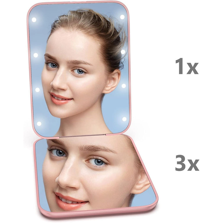 Travel Makeup Mirror with LED Light, 1X/3X Magnification, Compact and Portable Handheld Mirror
